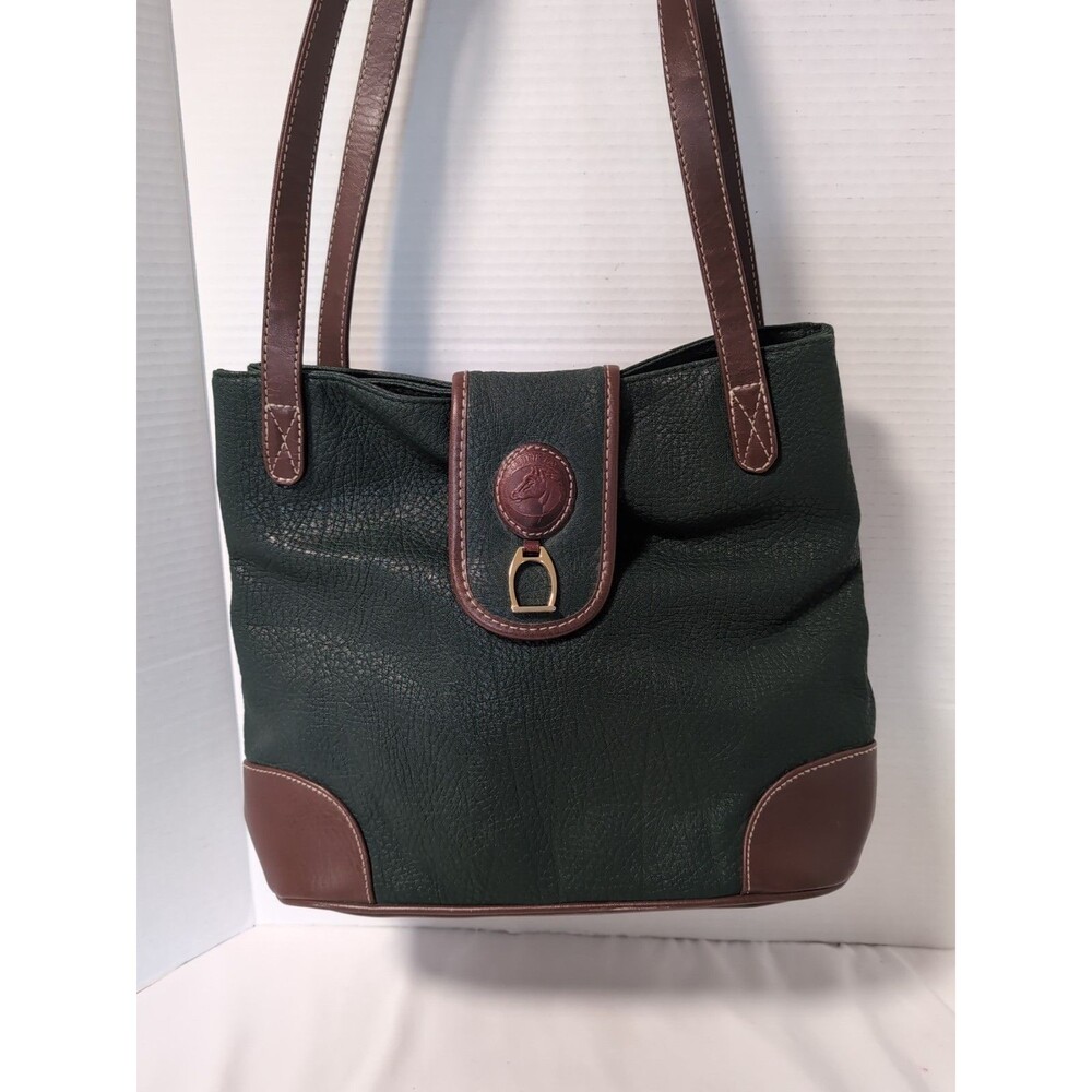LESLIE FAY GREEN FAUX PEBBLED LEATHER PURSE BROWN TRIM  10"T X 13"W X 5.5"D